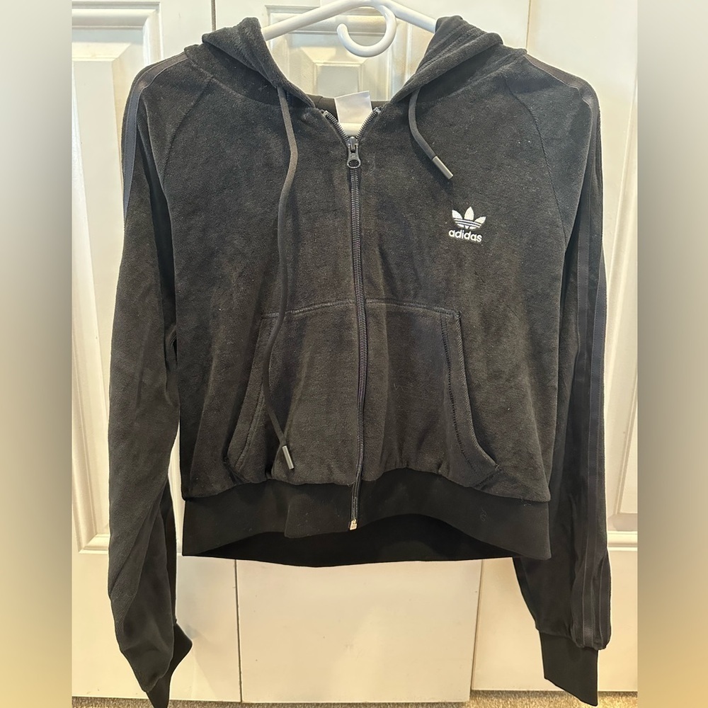 Adidas Womens size L Black 3-Stripes Velour Loungewear Cropped Full Zip Hoodie - Picture 6 of 7